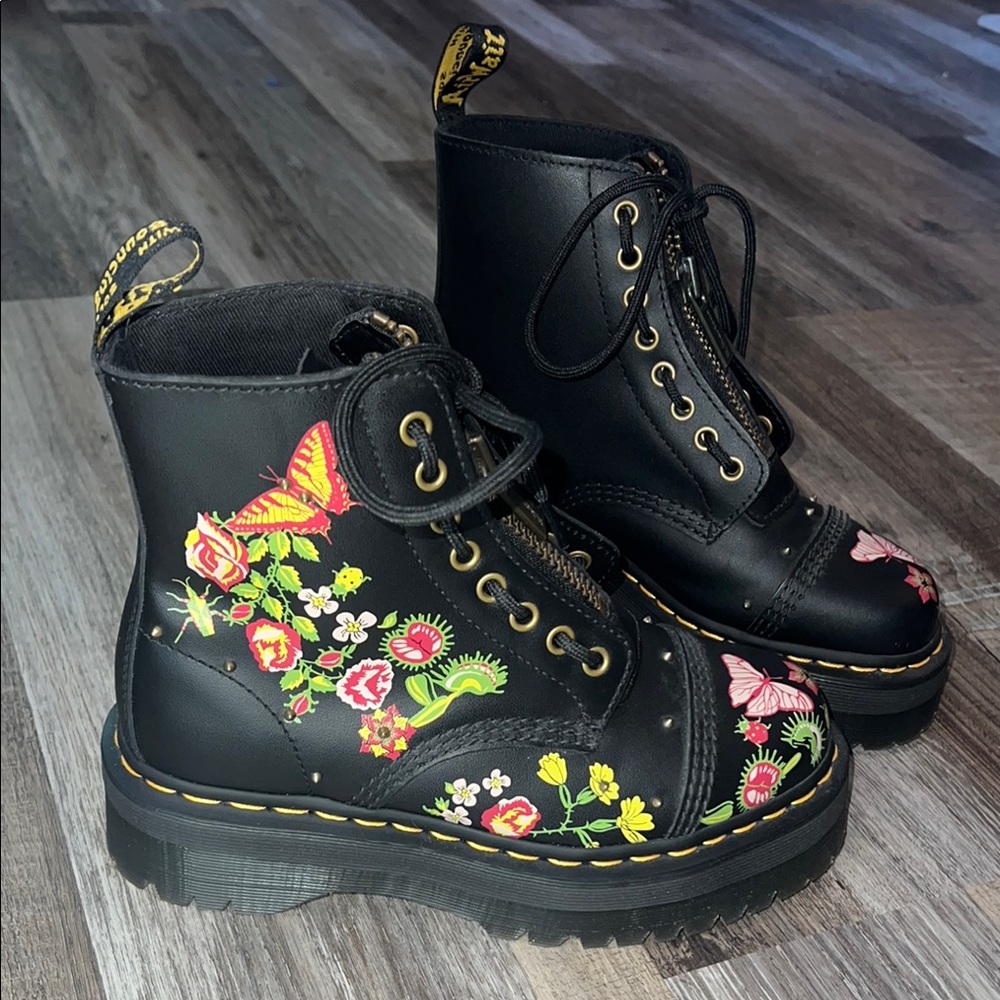 Dr. Martens Black and Pink Combat Boots with Floral Embellishments